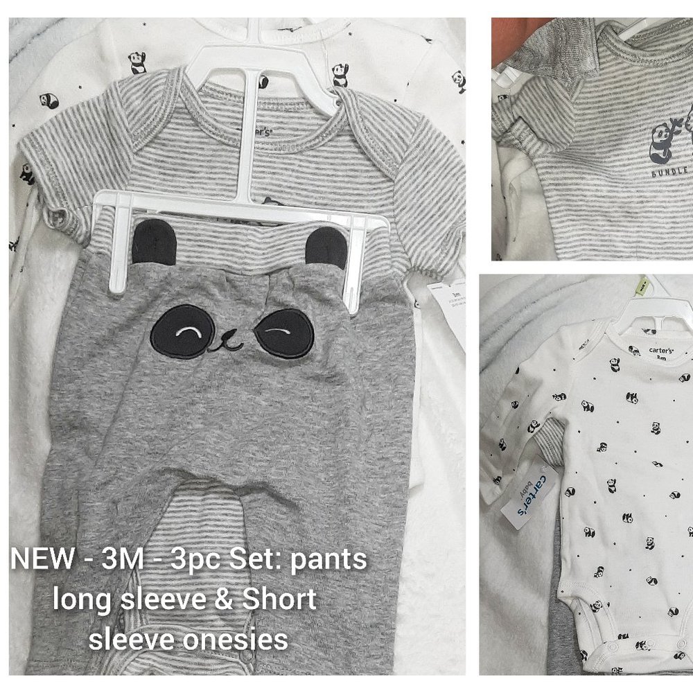 **NEW** 3M Carters Unisex 3pc Set - Panda Pants, Long & Short Sleeve Bodysuits